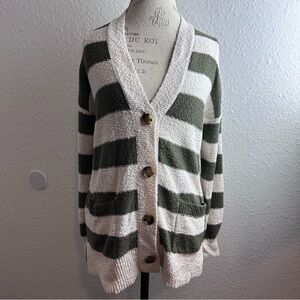 LOFT Olive and Cream Striped Textured Cardigan